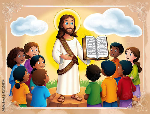 Jesus with a children group cartoon character illustration
