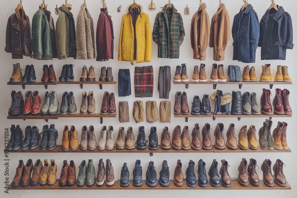 A neatly organized display of mens shoes and outerwear in a variety of styles and colors perfect for creating a well rounded and stylish wardrobe A neatly organized display of mens shoes and outerwear in a variety of styles and colors perfect for creating a well rounded and stylish wardrobe