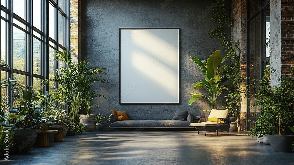 Modern Lounge Space with Large Blank Canvas and Greenery Modern Lounge Space with Large Blank Canvas and Greenery