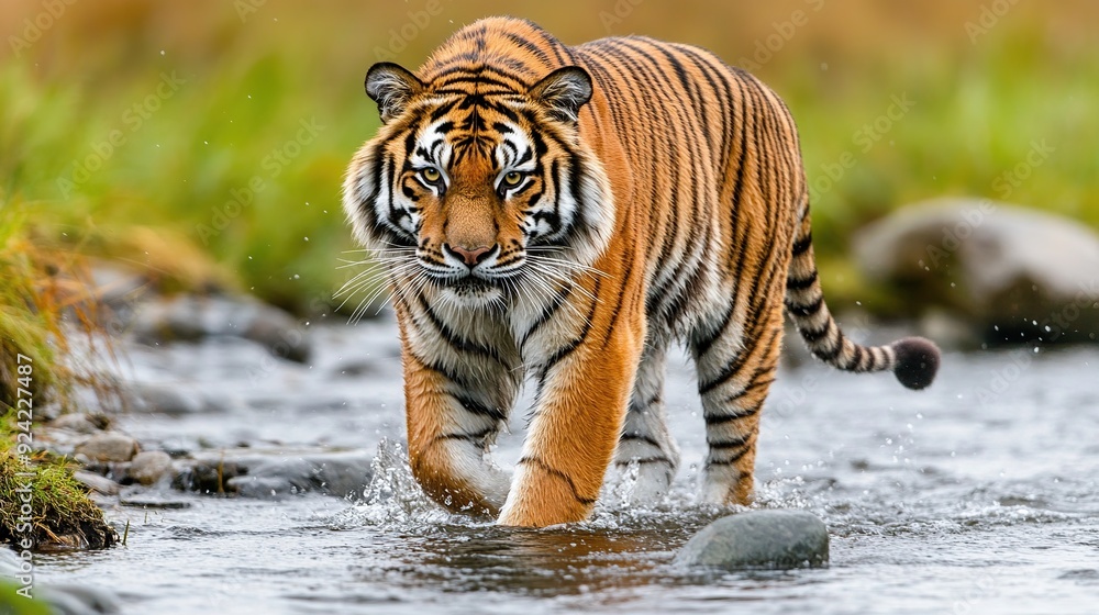 A tiger with orange and black stripes walks through a shallow river with a serious expression, creating splashes of water as it moves. A tiger with orange and black stripes walks through a shallow river with a serious expression, creating splashes of water as it moves.