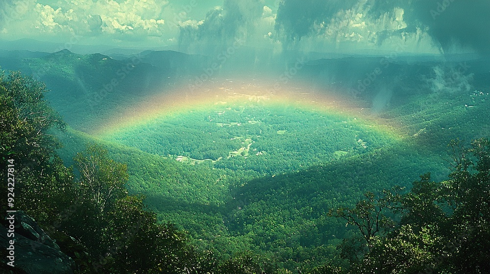   A rainbow shines in the sky above a lush green valley, with a rainbow in the heart of the valley
