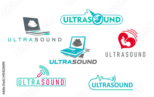 Ultrasound pregnancy icons, ultrasonography medical diagnostic symbols. Vector sonogram scan of pregnant woman, baby in womb, ultrasound or sonography machine transducer, screen and sound waves signs