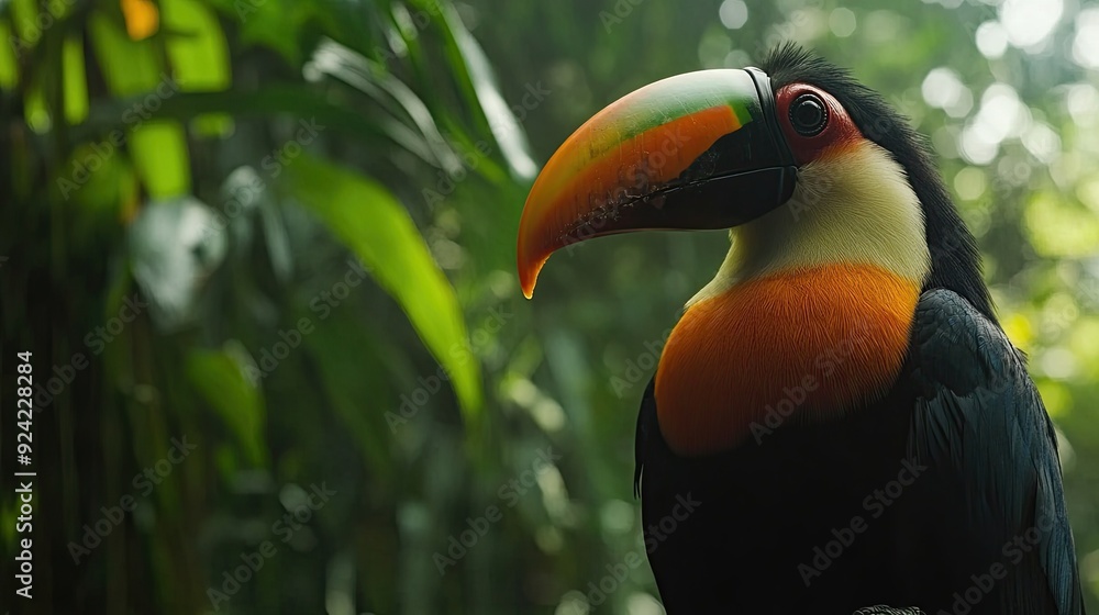 A toucan with a large, colorful beak perches in a lush green jungle, its eye piercing through the foliage. A toucan with a large, colorful beak perches in a lush green jungle, its eye piercing through the foliage.