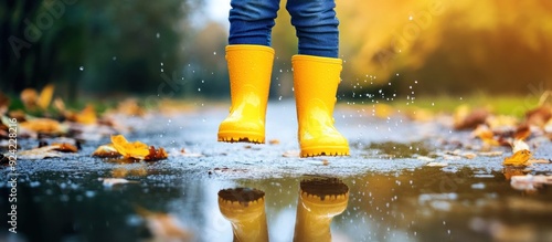 Yellow Rain Boots Splashing in Autumn Puddle