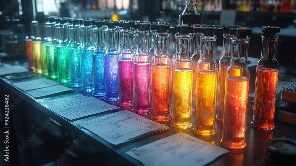 Row of Glass Bottles Filled with Colorful Liquids Row of Glass Bottles Filled with Colorful Liquids
