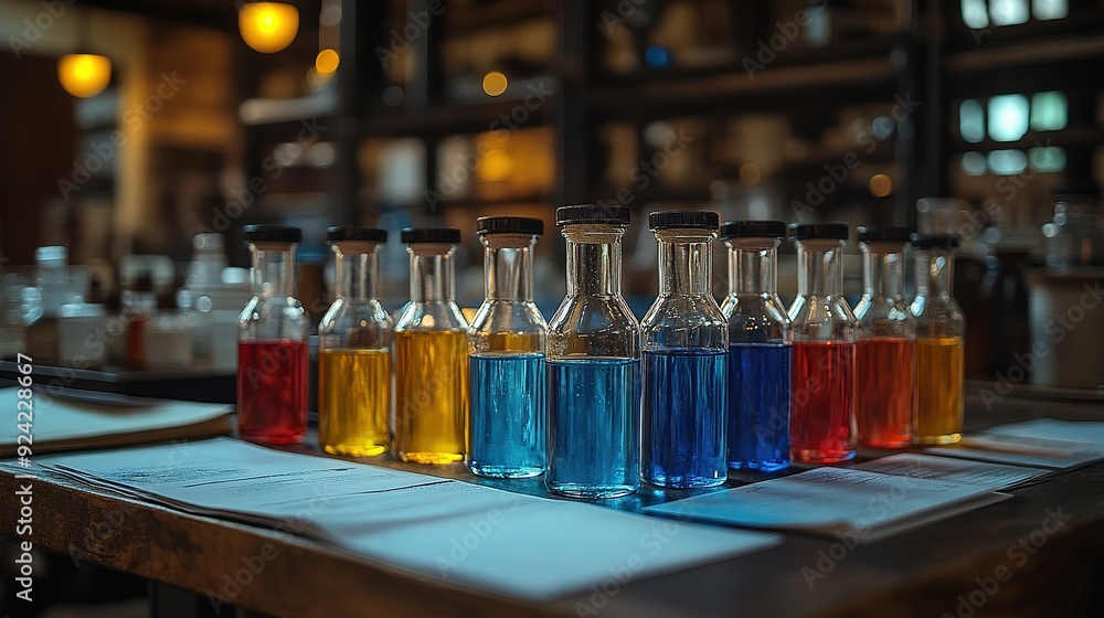 Colorful Glass Bottles Arranged on a Wooden Tabletop Colorful Glass Bottles Arranged on a Wooden Tabletop