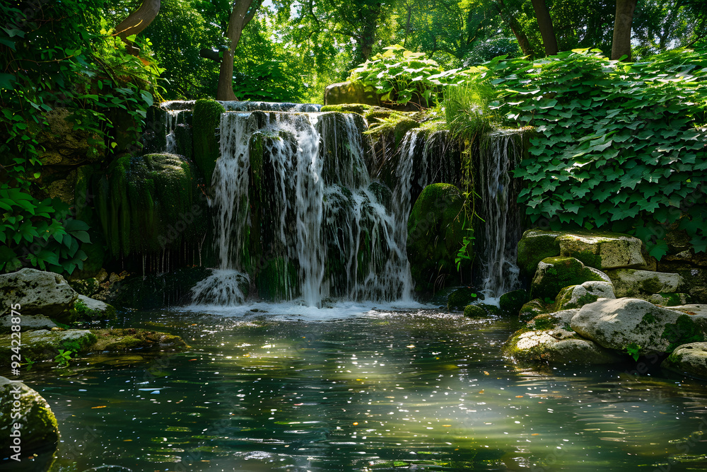 Landscape photograph of a secluded waterfall flowing over moss-covered rocks into a pristine crystal-clear pool. Landscape photograph of a secluded waterfall flowing over moss-covered rocks into a pristine crystal-clear pool.