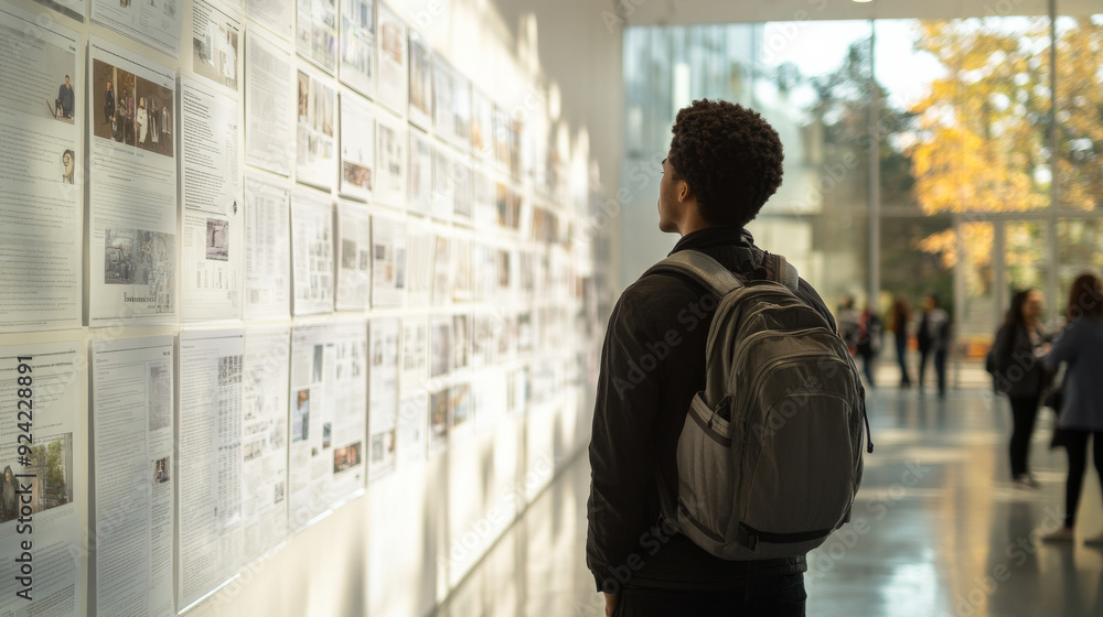 A man is looking at a wall of pictures A man is looking at a wall of pictures