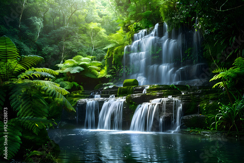 Beautiful image capturing a hidden waterfall cascading down lush mossy rocks, creating a serene clear pool below.