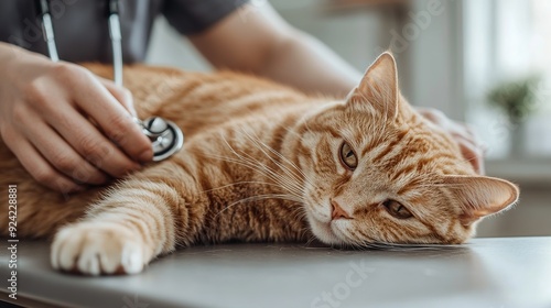 A veterinarian is examining a ginger cat with a stethoscope, the cat is lying on a table looking relaxed.