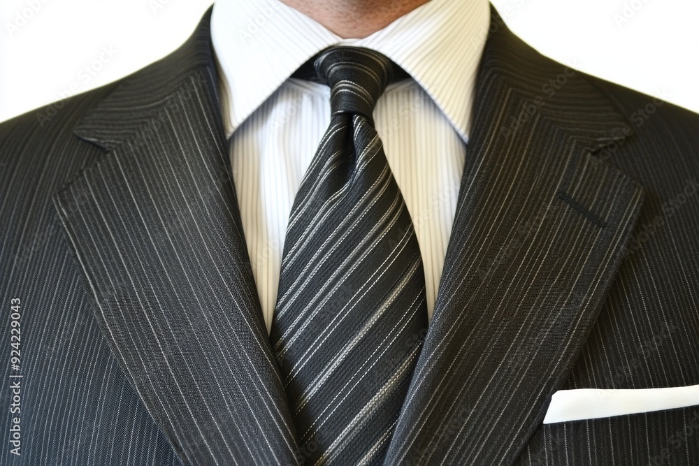 A close up shot of a man in a classic black pinstripe suit and striped tie representing timeless elegance and sophistication in mens business fashion A close up shot of a man in a classic black pinstripe suit and striped tie representing timeless elegance and sophistication in mens business fashion