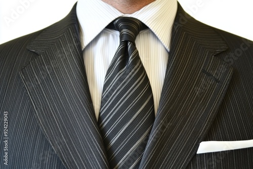 A close up shot of a man in a classic black pinstripe suit and striped tie representing timeless elegance and sophistication in mens business fashion