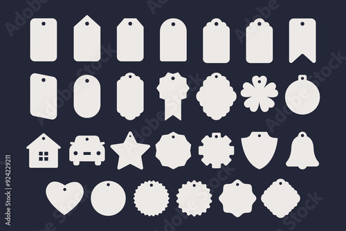 Set of gift or price tags, name card, discount label, food badge shapes. Vector templates for cutting. Craft paper or cardboard labels cut files