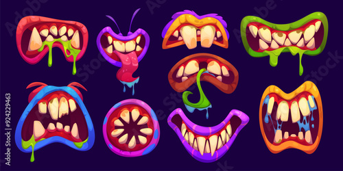 Halloween monster mouth with drool jaws and saliva tongue. Cartoon vector spooky lips and maws in vibrant red, blue, green or purple colors. Playful, fun and eerie alien, zombie or monster mouths