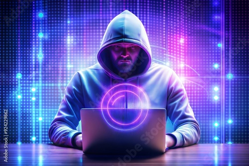 A hacker in a hoodie is sitting in a hologram when, in the background, the letter C photo