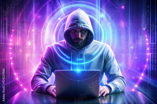 A hacker in a hoodie is sitting in a hologram when, in the background, the letter C photo