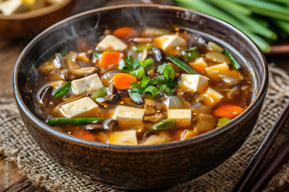 A steaming bowl of hot and sour soup garnished with fresh herbs, a perfect warm comfort dish. A steaming bowl of hot and sour soup garnished with fresh herbs, a perfect warm comfort dish.
