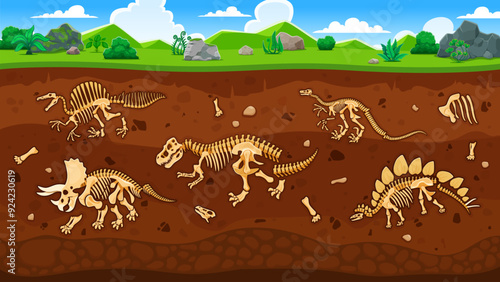 Dinosaur fossils in ground layers. Cartoon vector soil cross section view with ancient dino bones and skeletons. Archaeological and paleontological excavations. Studies of prehistoric animals relics
