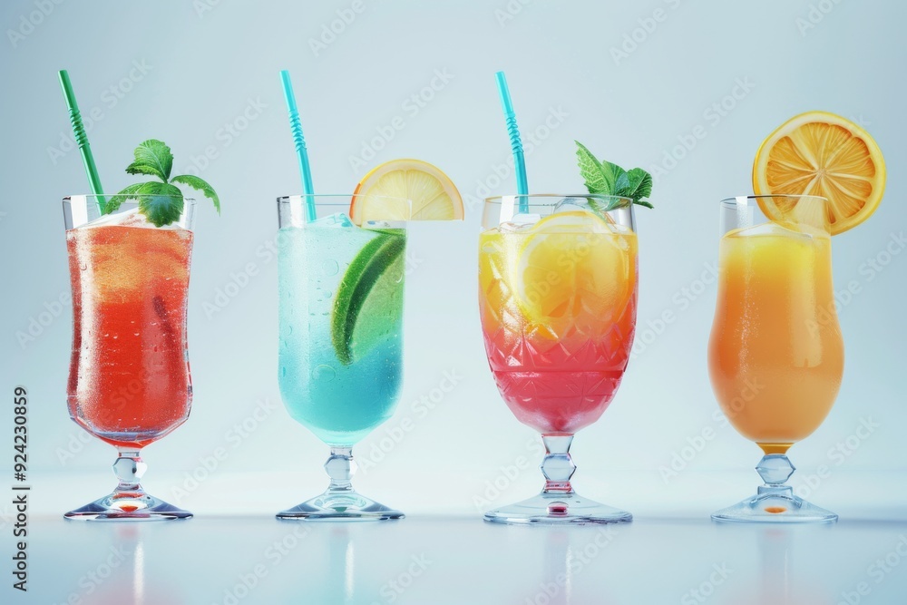 Two drinks with orange and red straws. Pair of vibrant refreshments. Food and beverage concept Two drinks with orange and red straws. Pair of vibrant refreshments. Food and beverage concept