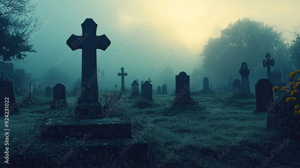 A Foggy Graveyard Background for Halloween Concept with Copy Space A Foggy Graveyard Background for Halloween Concept with Copy Space