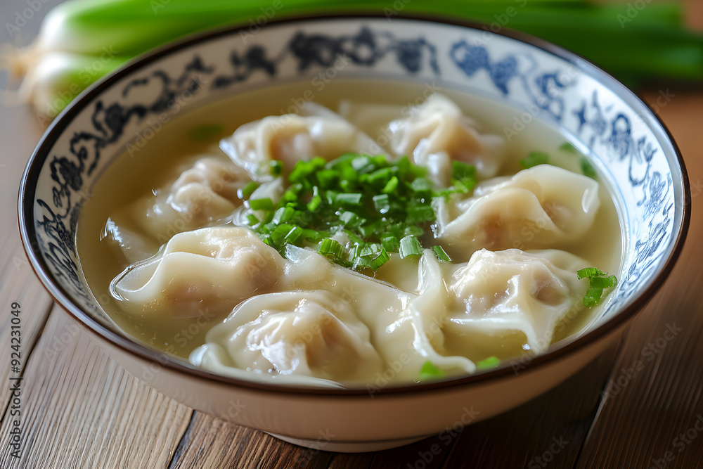 Authentic wonton soup with tender dumplings in a rich broth, served hot in a cozy kitchen setting Authentic wonton soup with tender dumplings in a rich broth, served hot in a cozy kitchen setting