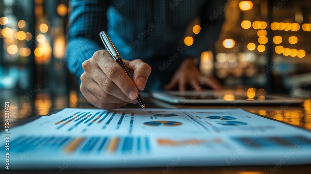 Businessman analyzing financial data with a pen. Businessman analyzing financial data with a pen.