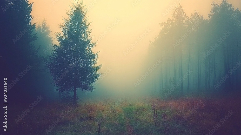 A path is visible in a foggy forest with trees in the foreground A path is visible in a foggy forest with trees in the foreground