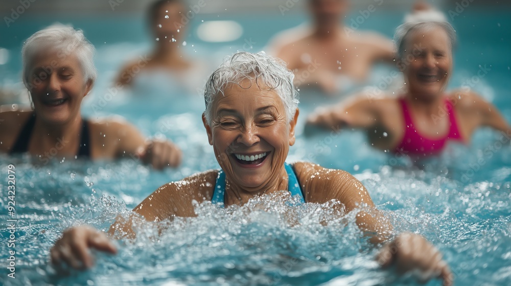 Seniors enjoy a spirited water aerobics class, splashing and socializing with smiles. Seniors enjoy a spirited water aerobics class, splashing and socializing with smiles.