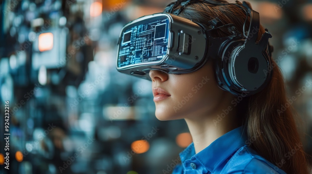 Woman Using Virtual Reality Headset in a Factory Setting. Woman Using Virtual Reality Headset in a Factory Setting.