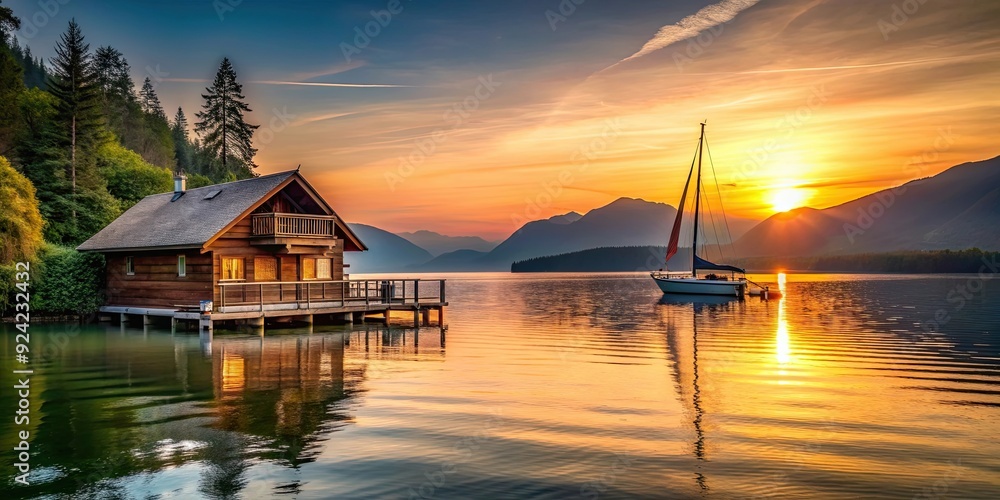 Fototapeta premium Peaceful waterfront chalet surrounded by charming scenery with sunset sailing in the background, waterfront, chalet