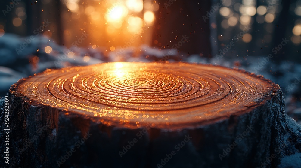 Fototapeta premium Golden Sunlit Tree Stump in a Winter Forest