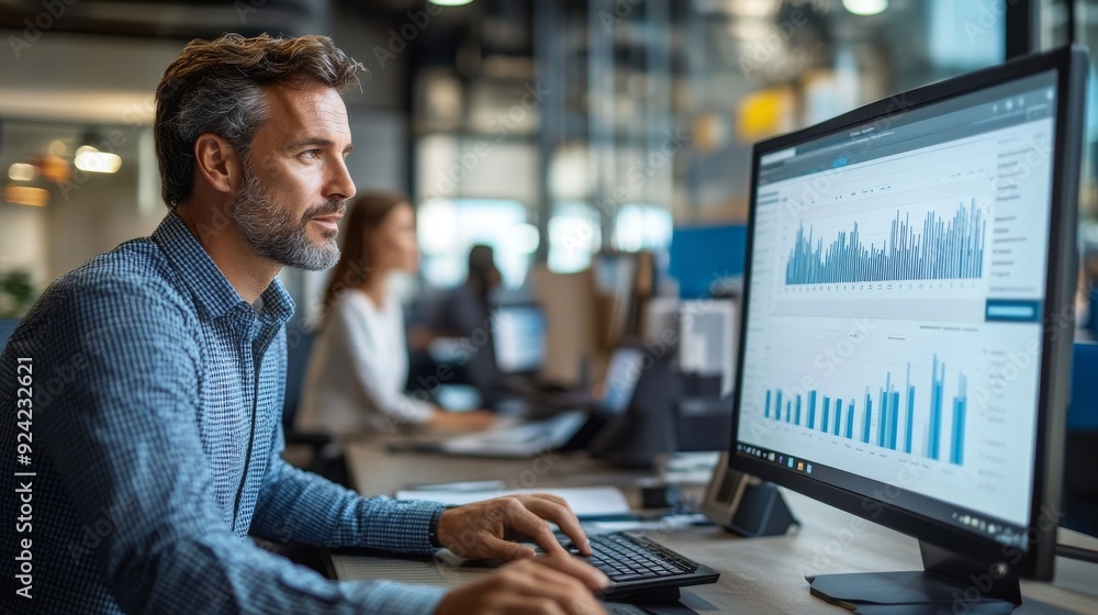 Businessman Analyzing Data on Computer. Businessman Analyzing Data on Computer.