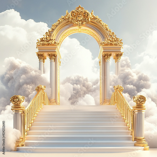 3D golden Baroque arch with stairs leading to heaven on a white background with clouds photo