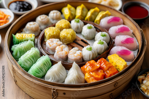 Assorted dim sum with dumplings and shrimp har gow in bamboo steamer on a wooden table photo