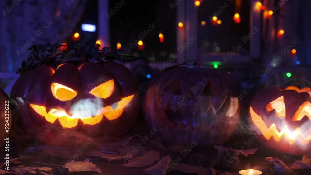 Many smoking pumpkins Halloween lanterns big and small glow inside against the background of garlands. Tracking shot. Many smoking pumpkins Halloween lanterns big and small glow inside against the background of garlands. Tracking shot.