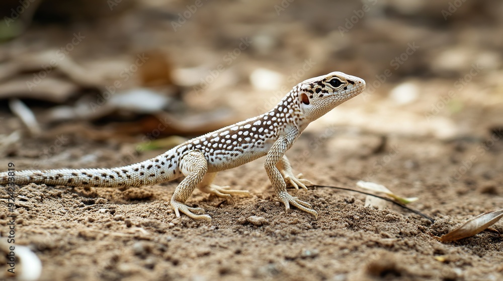A white and brown lizard with black spots is perched on the ground, its head tilted up and its claws digging into the dry earth. A white and brown lizard with black spots is perched on the ground, its head tilted up and its claws digging into the dry earth.