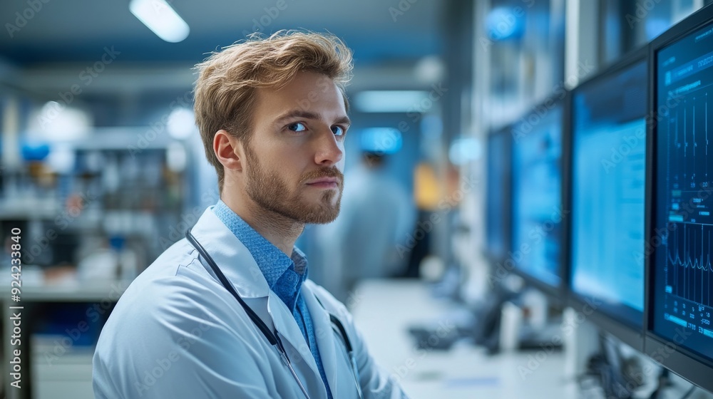 Doctor Looking at Medical Data on Computer Monitors. Doctor Looking at Medical Data on Computer Monitors.