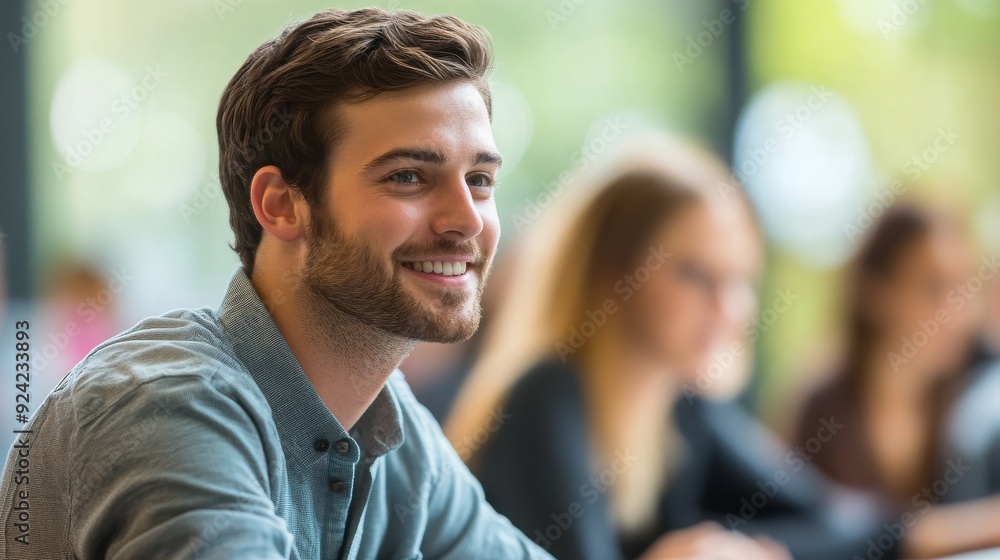 Young Man Smiling in a Meeting. Young Man Smiling in a Meeting.