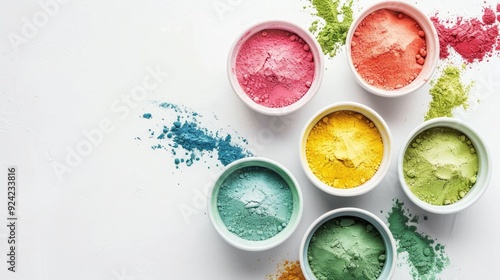 Colorful Powders in Bowls on White Background, Top View