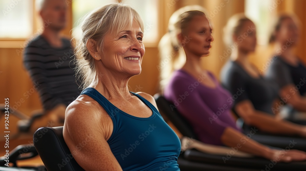 In a vibrant Pilates class, adults boost core strength and flexibility in a supportive community. In a vibrant Pilates class, adults boost core strength and flexibility in a supportive community.