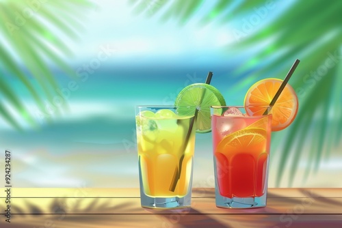 Trio of drinks with orange, red and green straws. Variety of colorful beverages. Food and drink concept