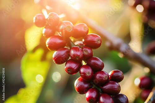 Red coffee beans on the tree on a sunny day, macro photography of red coffee berries at sunrise photo