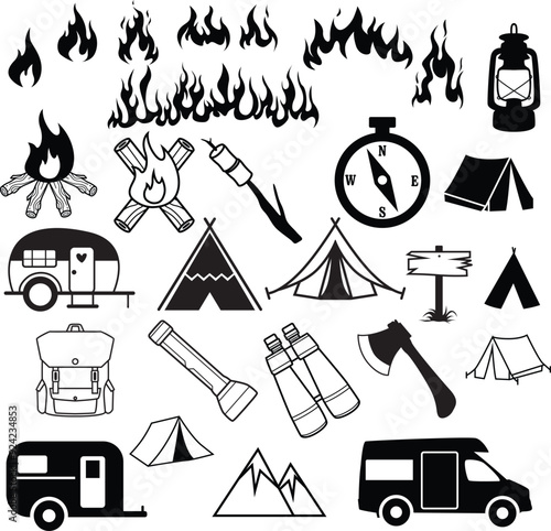 Camping Set Bundle Themes Illustration, Campfire Cut File, Adventure Stencil, Camping Tent Vector, Survival Clipart, Outdoor