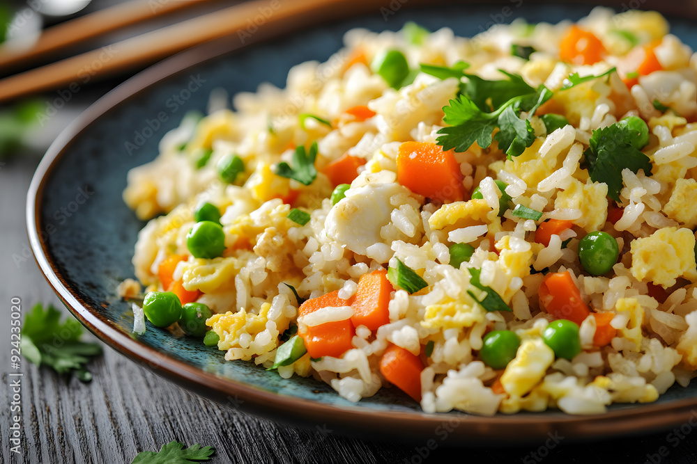Hearty Chinese fried rice with tender meat, stir-fried vegetables, and fluffy scrambled eggs, topped with cilantro and soy sauce. Hearty Chinese fried rice with tender meat, stir-fried vegetables, and fluffy scrambled eggs, topped with cilantro and soy sauce.