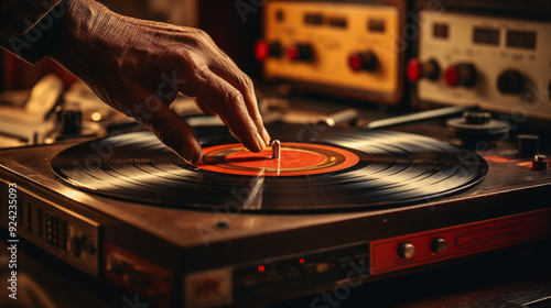 Hand Adjusting Vinyl Record On Turntable In Vintage Setting With Warm Lighting And Classic Audio Equipment Close-up Shot Capturing The Interaction Between Hand And Vinyl photo