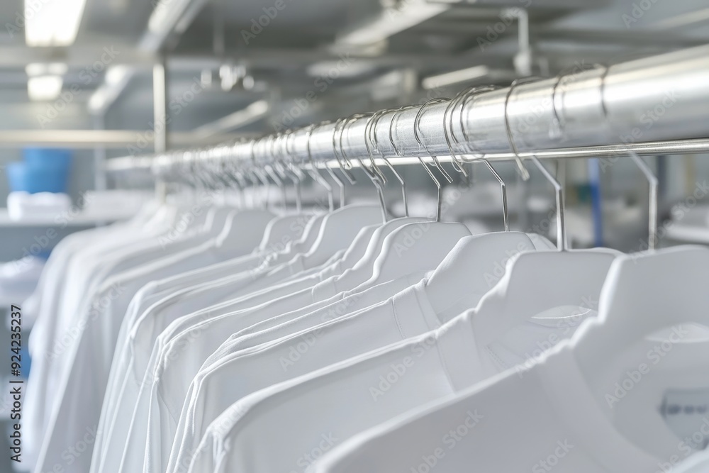 Fototapeta premium A minimalist shot of a row of white hangers in a sleek industrial setting representing simplicity and organization in modern fashion displays