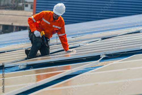 Wallpaper Mural Worker Technicians are working to construct solar panels system on roof. Installing solar photovoltaic panel system. Men technicians walking on roof structure to check photovoltaic solar modules. Torontodigital.ca