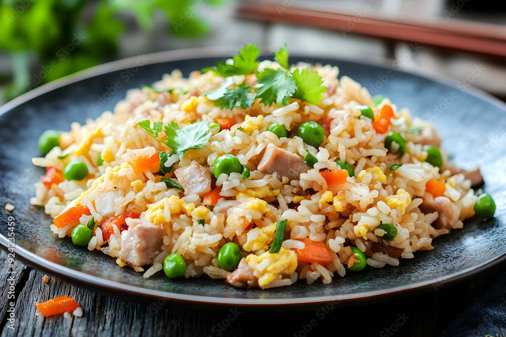 Classic Chinese fried rice with fluffy grains, scrambled eggs, vegetables, and tender meat, garnished with cilantro and soy sauce. Classic Chinese fried rice with fluffy grains, scrambled eggs, vegetables, and tender meat, garnished with cilantro and soy sauce.