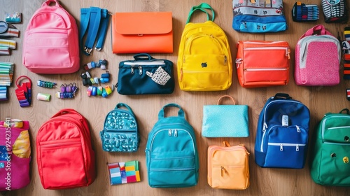 Colorful Backpacks and Accessories on a Wooden Floor