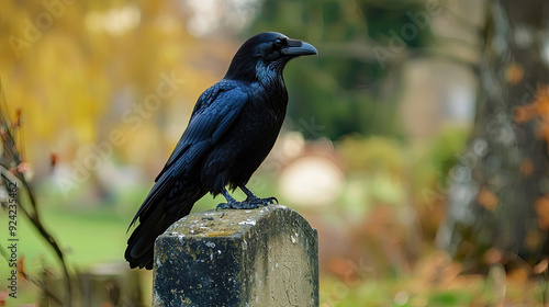 Black Raven on the Top of Tombstone Halloween Concept with Copy Space